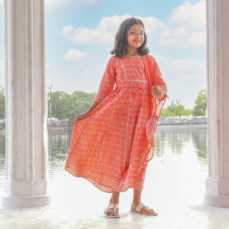 Tomato Printed Girls Gown with Dupatta