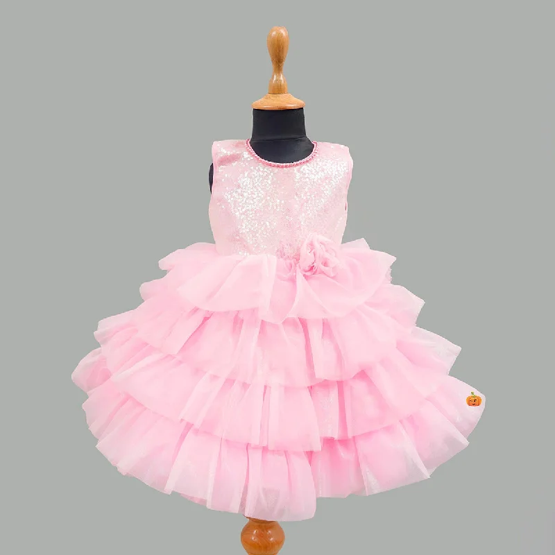 Pink Sequin Layered Girls Frock