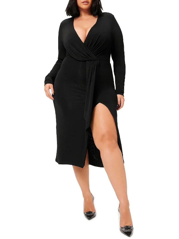 Womens Shimmer Front Slit Wrap Dress