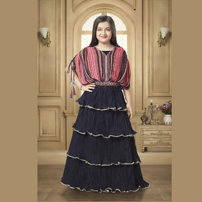 Navy Blue Layered Girls Lehenga Choli