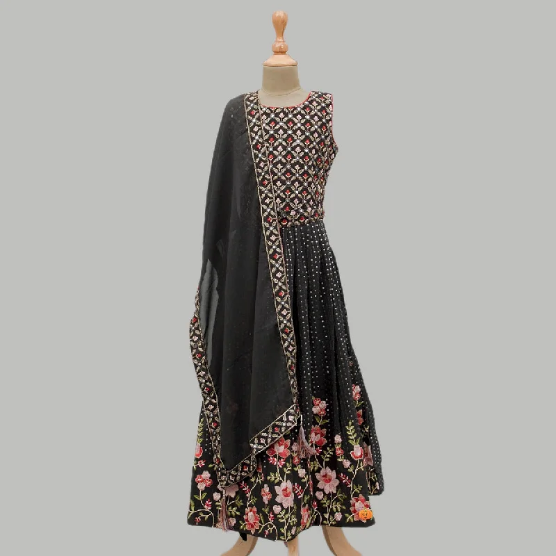 Dark Grey Floral Girls Lehenga Choli