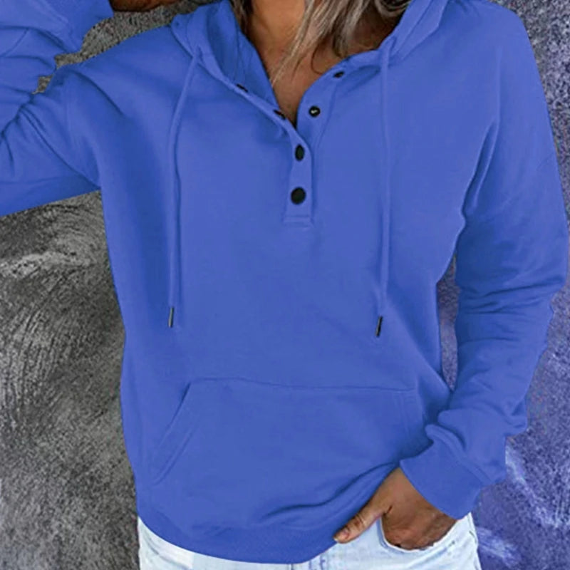 Womens Button Up Casual Hoodie Solid Color Pullover Top with Pocket