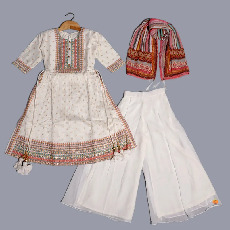 Cream Embroidered Girls Palazzo Suit