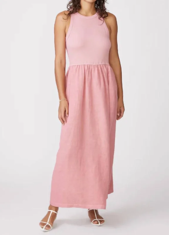 Stateside Linen Mixed Media High Neck Dress In Mauve Glow