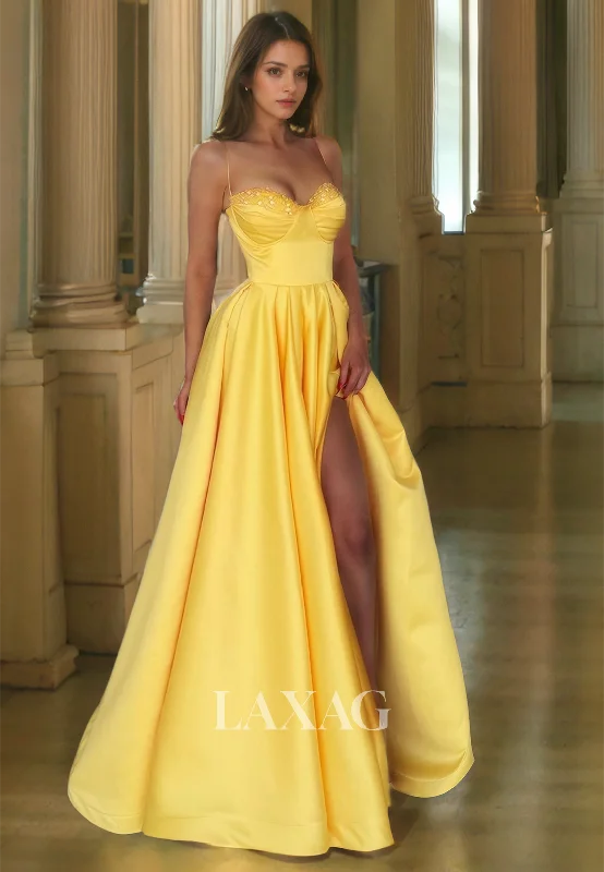 14729 - Yellow Spaghetti Straps Pleated Skirt Slit Prom Gown