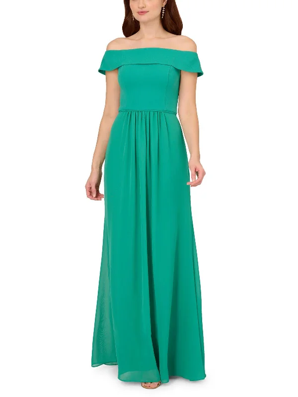 Plus Womens Pleated Tea Length Evening Dress