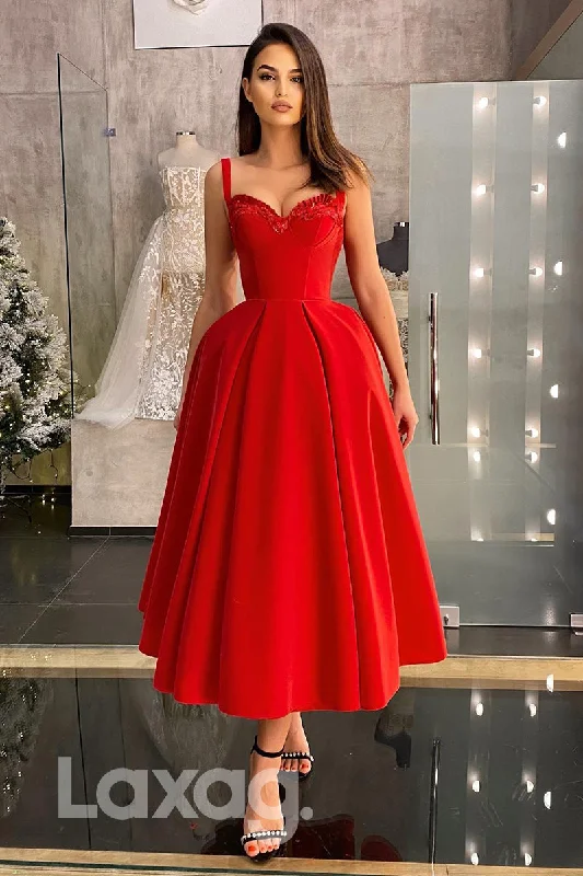 13758 - Embellished Tiered Skirt Straps Sweetheart Red A-Line Dress