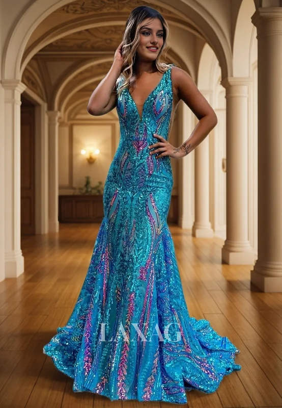 12752 - V-Neck Ruched Multi Color Sequined Mermaid Prom Evening Dress