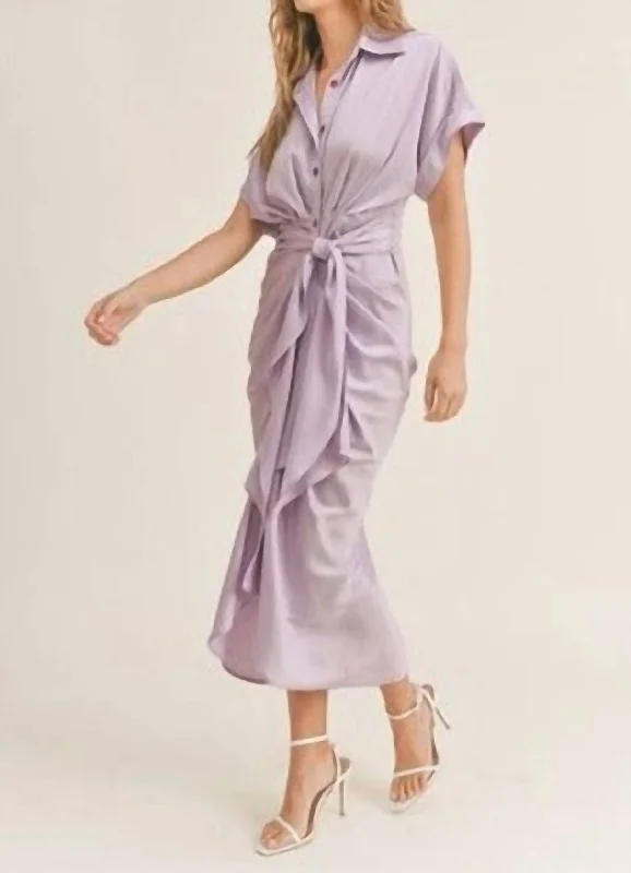 Murphy Satin Dress With Front Tie In Lavender