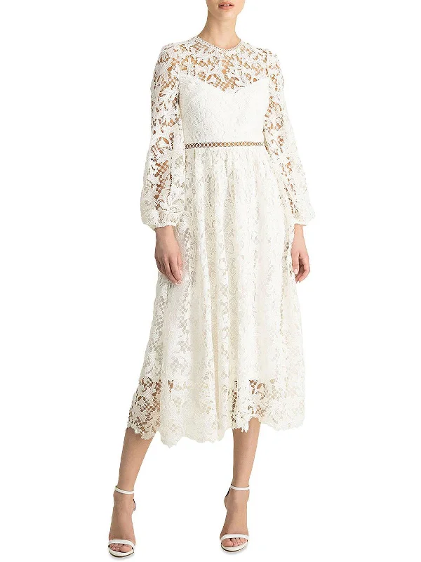 Womens Lace Puff Sleeve Midi Dress