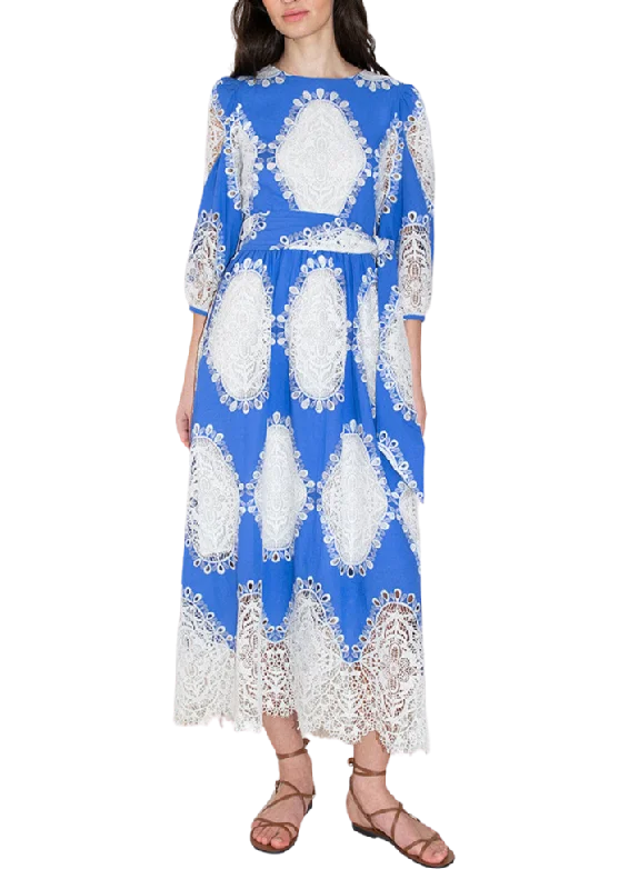 Constance Lace Midi Dress in Blue/White