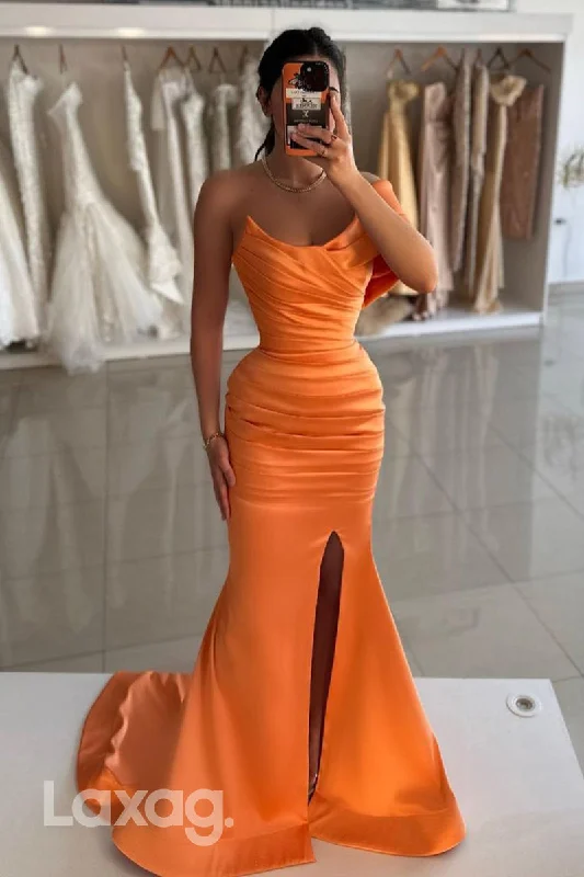 13798 - Off Shoulder Satin Ruched Mermaid Long Formal Prom Dress with Slit