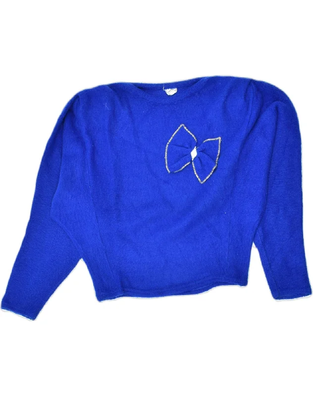 VINTAGE Womens Crop Crew Neck Jumper Sweater UK 16 Large Blue