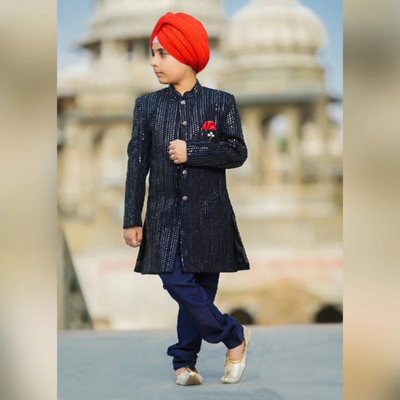 Navy Blue Sequin Sherwani for Boys