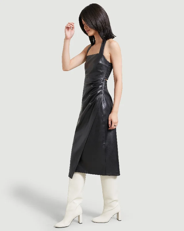 Lenu Vegan Leather Square-Neck Halter Dress