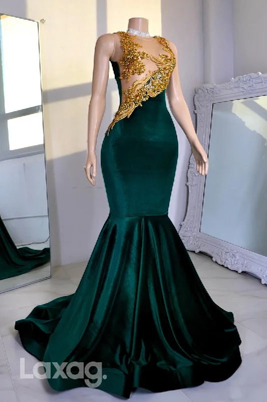 22544 - Round Beaded illusion Empire Mermaid Prom Dresses for Black Girl Slay