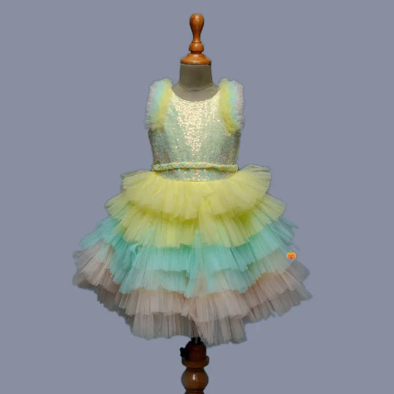 Lemon & Multi Layered Sequin Girls Frock