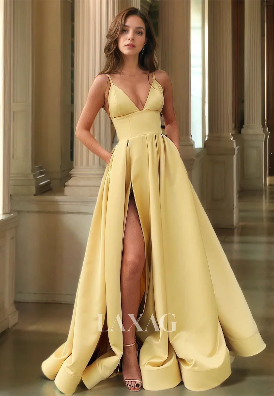 14731 - Deep V-Neck Corset A-Line Satin Open Back Gown